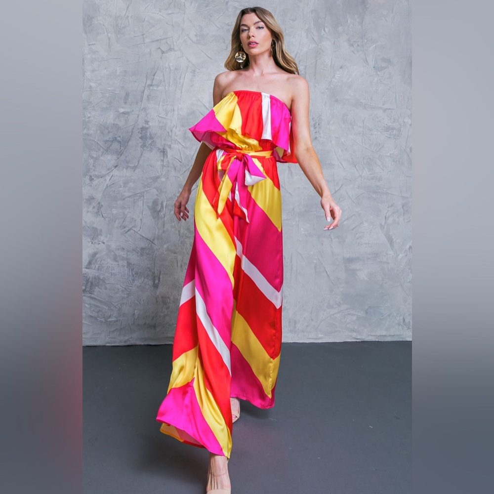 Bright Strapless jumpsuit with Colorblock Stripes